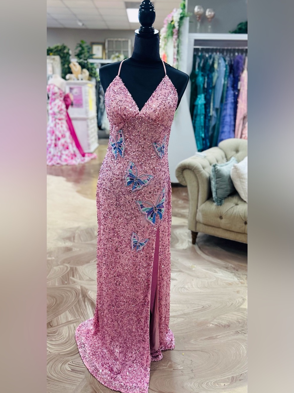 Pink Sequin Butterfly Slip Prom Gown